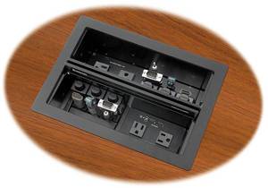 lot 61 image: Lot of 2  Extron Cable Cubbies CC 1400 Brushed Aluminum (No AC)  CC 1202 Black (w US AC Power)  MSRP $700