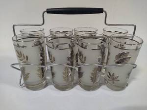 Libby Silver Foliage High Ball Glasses w/Chrome Carrier