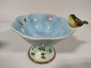 lot 21 image: Certified International Susan Winget Ceramic Pedestal Bird Bath Candy Dish