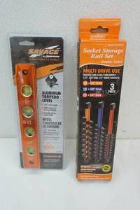 lot 40 image: 9 Aluminum Torpedo Level & Socket Storage Rail Set