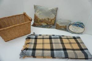 lot 104 image: Home Decor Wicker basket, embroidered pillows, blanket