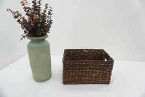 lot 124 image: Decorative Planter 14 tall & Woven basket 14x9.5x 8