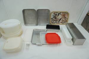 lot 127 image: Rubbermaid Food Storage Containers, Cake Pans, Vintage Metal Tray & More