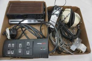 lot 139 image: Electronics Cordless Phone, Power Strip, Night Lights, Headphones, various cords
