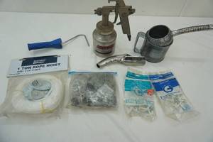 lot 140 image: 1 Ton Rope Hoist (NEW), Galvanized oil Can, Brookings Pour Spout and other hardware items