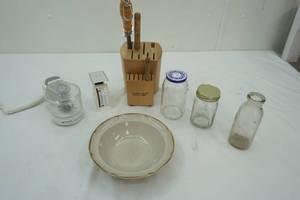 lot 152 image: Stoneware Serving Bowl, Jars, Scale, Chopper, Knife Block with 2 Knives and Sharpening steel