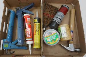 lot 159 image: Caulking, Stove Bright, Twine, Duct Tape, Hammer