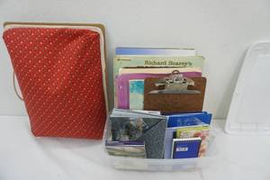 lot 163 image: Books, Notebooks, Greeting Cards, Vintage Beanie Lap Table all in small storage container with lid