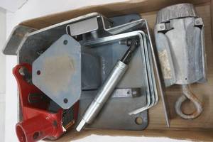 lot 166 image: Vintage Folding Boat Anchor, Brackets, John Deere Shock Absorber and other heavy metal