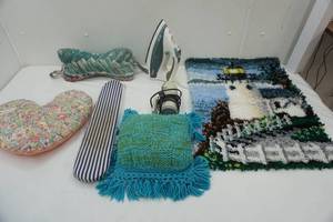 lot 168 image: Lighthouse Latch Hook, Iron, Steamer, Small Ironing Board, Throw Pillows