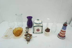lot 176 image: Cookie Jar, Vintage Amber Glass Serving Bowl, vases, Cucco clock and more
