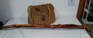 lot 52 image: Diamond Willow Walking Stick and Vintage Fishing Creel with Contents.