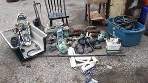 lot 61 image: Large Outdoors Lot. Snowshoes, Frogs, Shepherds Hooks, Water Hose And More.
