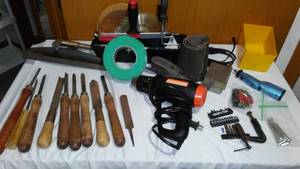 lot 98 image: Wood Hand Carving Chisels, Heat Gun and More.