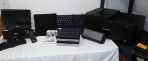 lot 107 image: Portable DVD Player, HP Hard Drives, Printer, Keyboards.