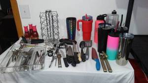 lot 116 image: Stainless and Thermal Cups, Spice Holder, Utensils.