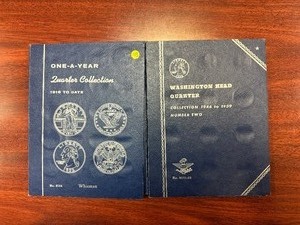 lot 48 image: Twelve 90% Silver and Seven Clad Washington Quarters in Whitman Book and Empty Whitman Quarter book