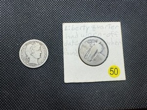 lot 50 image: 1916-D Silver Barber Quarter and No Date Standing Liberty Silver Quarter