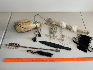 lot 6U image: Native American Style Collectible Set Tomahawk, Knife, and More