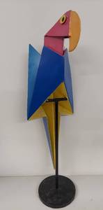 lot 10U image: Mack the Macaw O.J. Dart 1996 Colorful Metal Parrot Sculpture on Stand