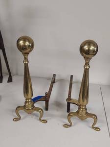 lot 14U image: Pair of Vintage Brass Andirons with Ball Finials