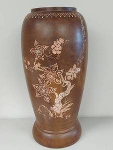 lot 18U image: Large Wooden Vase with Floral Carving