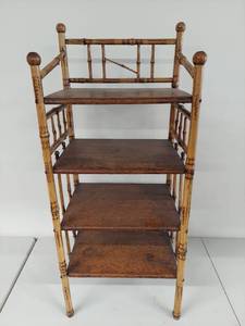 lot 25U image: Antique Bamboo Wood Corner Shelf with Four Tiers