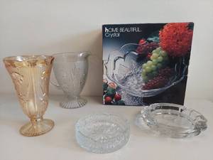 lot 64U image: Home Beautiful Crystal Vase, Pitcher, Bowl Set with Patterned Plates