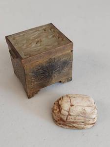 lot 73U image: Antique Bronze CHINA Stamp Box with Possibly Jade Lid and Egyptian Scarab