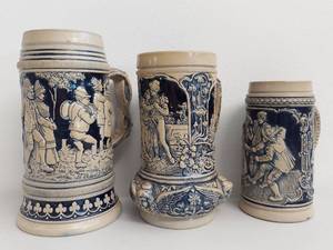 lot 18C image: Set of 3 Vintage German Stoneware Beer Steins with Ornate Designs