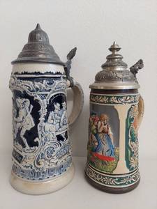 lot 24C image: Pair of German Beer Steins with Pewter Lids