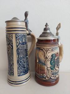 lot 26C image: Pair of Authentic German Beer Steins with Pewter Lids