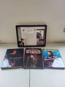lot 86C image: Paul McCartney Memorabilia Set with Framed Suit Piece #23150 and Books