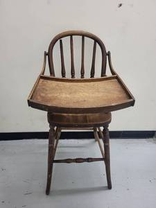 lot 3M image: Vintage Wooden High Chair with Tray and Adjustable Backrest
