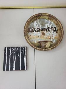 lot 13M image: Handmade Studio Pottery Candle Sconce Wall Plate and Glazed Tile Art