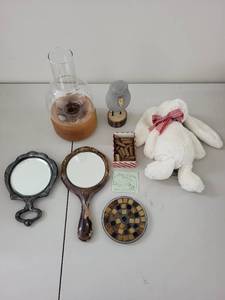 lot 15M image: Assorted Vintage Mirrors, Decor Items and Incense with White Plush Bunny