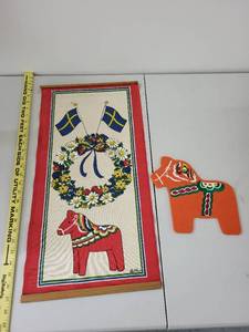 lot 19M image: Swedish Themed Wall Tapestry and Dala Horse Cutout Decor