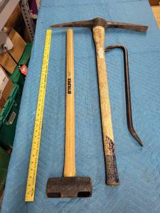 lot 24M image: Set of 3 Heavy-Duty Hand Tools Including Sledgehammer, Pickaxe, and Pry Bar