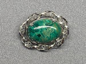 Sterling Silver 925 Chrysocolla Brooch with Intricate Design