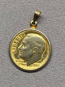 lot 39B image: 1967 Roosevelt Dime Pendant Sterling Silver 925