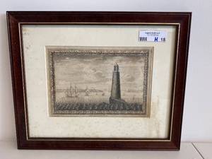 lot 18H image: Framed Vintage Lighthouse Etching Wall Art