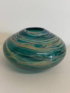 lot 39H image: Signed Dylan Martinez Hand-Blown Glass Vase with Swirling Patterns