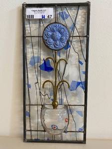 lot 47H image: Vintage Stained Glass Panel with Brass Floral Accent and Glass Pocket
