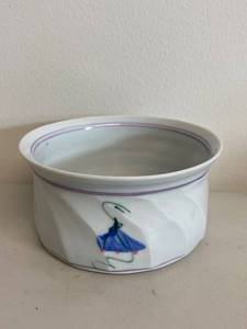 lot 63H image: Signed Porcelain Dish with Hand-Painted Blue Flower Design