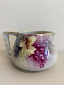 lot 67H image: BAC Limoges France Hand-Painted Porcelain Pitcher with Grape Design