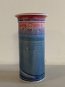 lot 81H image: Handcrafted Blue and Red Stoneware Vase with Artistic Marks