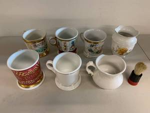 lot 87H image: Collection of 7 Vintage Porcelain Shaving Mugs and Vase