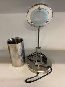 lot 88H image: Williams-Sonoma Hammered Wine Chiller and Brushed Metal Table Lamp