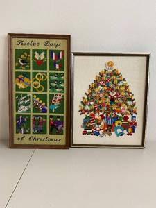 lot 91H image: Pair of Framed Holiday Needlepoint Art - Christmas Tree and Twelve Days of Christmas