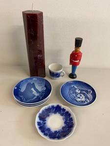 lot 95H image: Collection of Royal Copenhagen Plates, Cup with Saucer, Soldier Figurine, and Pillar Candle
